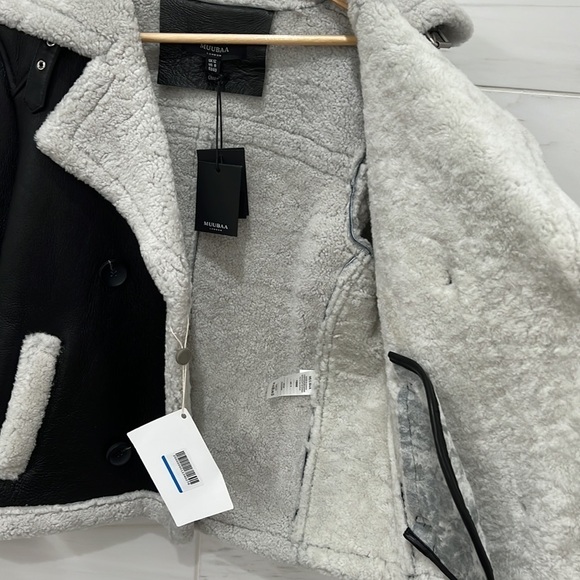 Muubaa London | NWT Black Leather Finish Button Front Shearling Jacket - Sz UK12 - Picture 10 of 12